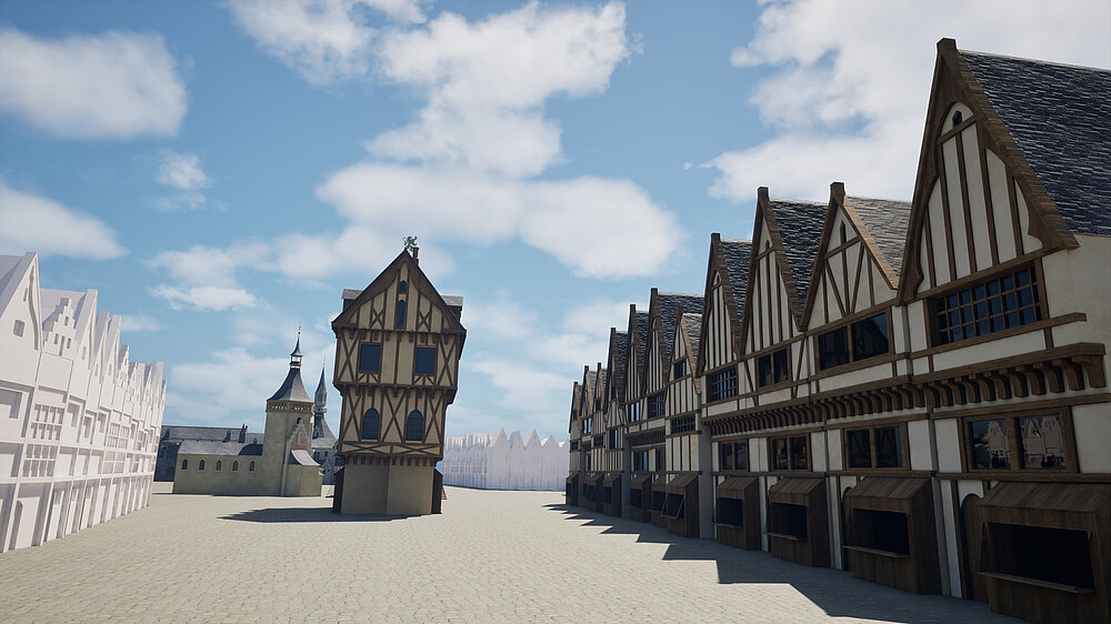 Vue de la place du marché depuis le choeur de Saint-Etienne, 12 juin 1448 - Projet INSULA (travail en cours)