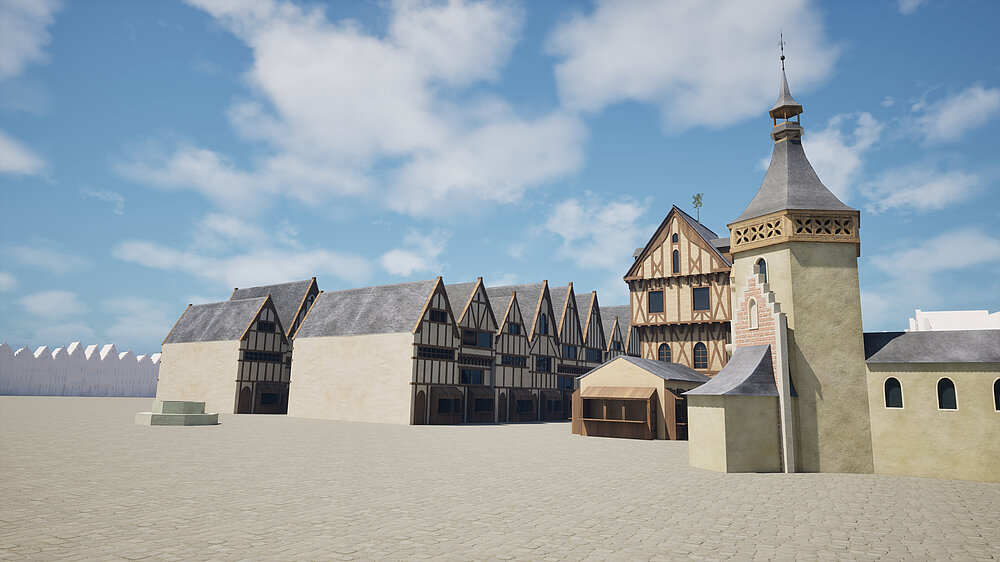 Vue de la chapelle aux Joyaux-Notre-Dame depuis la halle échevinale, 12 juin 1448 - Projet INSULA (travail en cours)