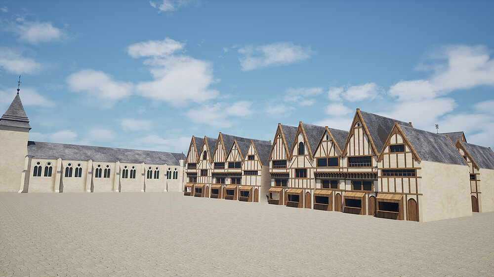 Vue des halles commerciales depuis Rihour, 12 juin 1448 - Projet INSULA (travail en cours)